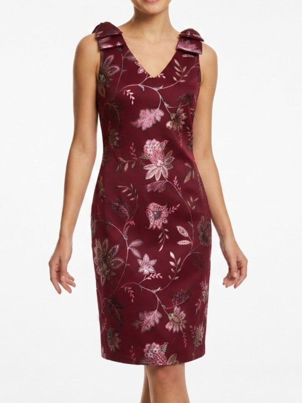 Shelby & Palmer Whimsigoth Floral Bow Shoulder V-Neck Sheath Dress Maroon 10